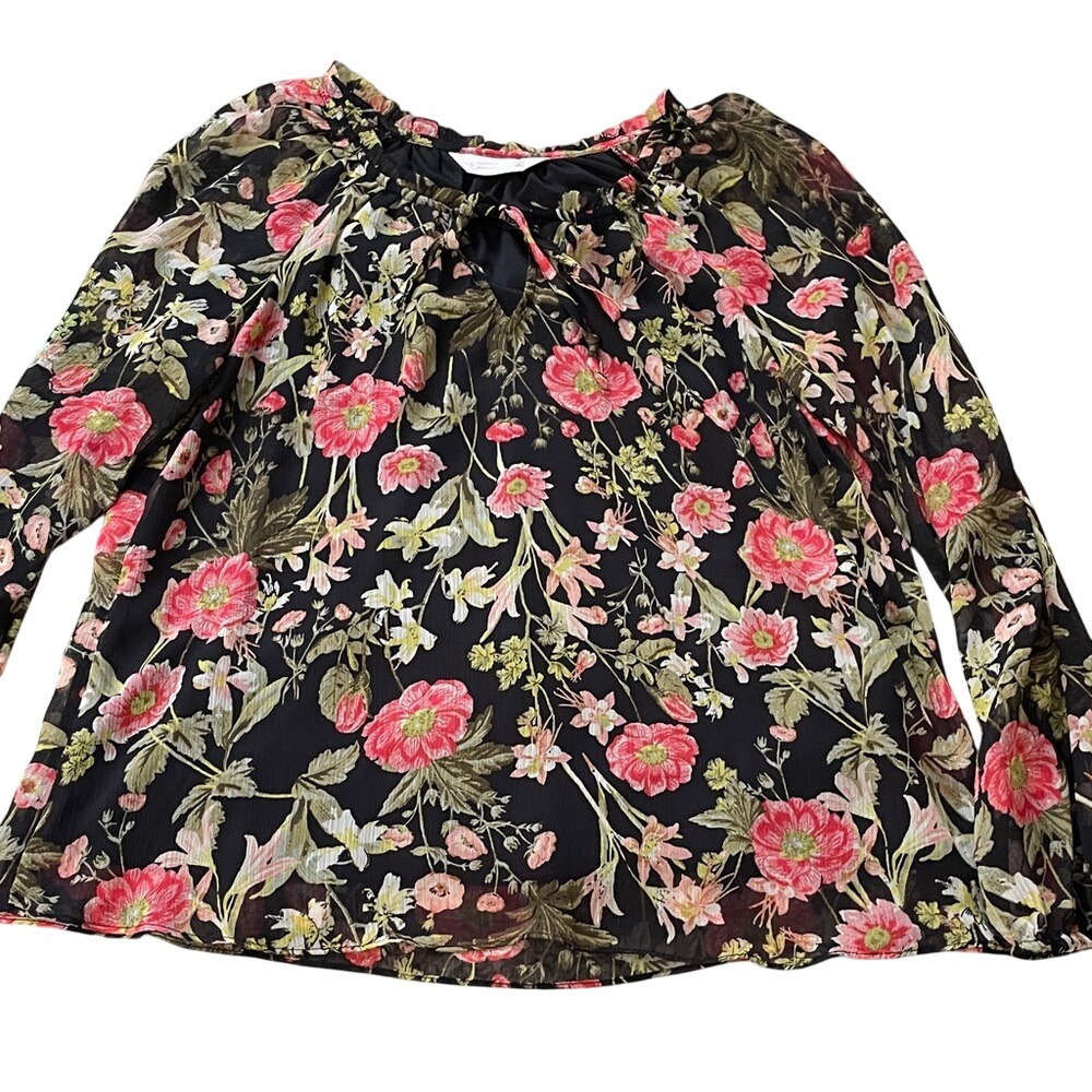 Lauren Conrad Womens Black Floral Print Long Sleeve Tie Neck Blouse XS